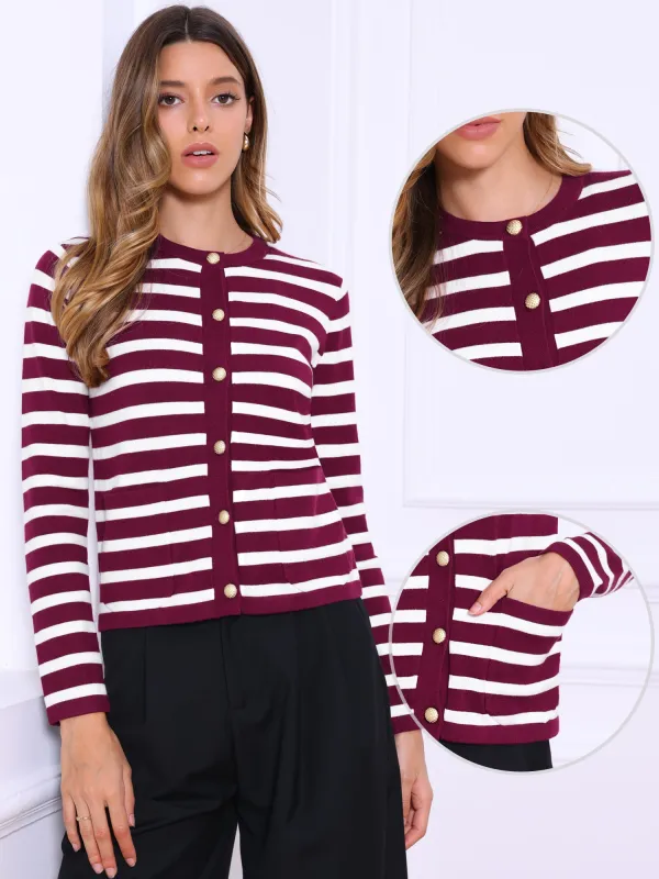 Striped Crew Neck Colorblock Button Down Cardigan sold by Allegra K