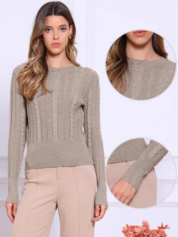 Cable Knit Crew Neck Long Sleeve Crop Sweaters sold by Allegra K