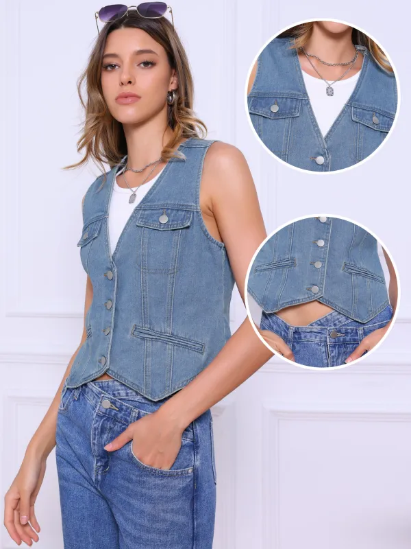 Sleeveless Button V Neck Jean Waistcoat Denim Vest sold by Allegra K