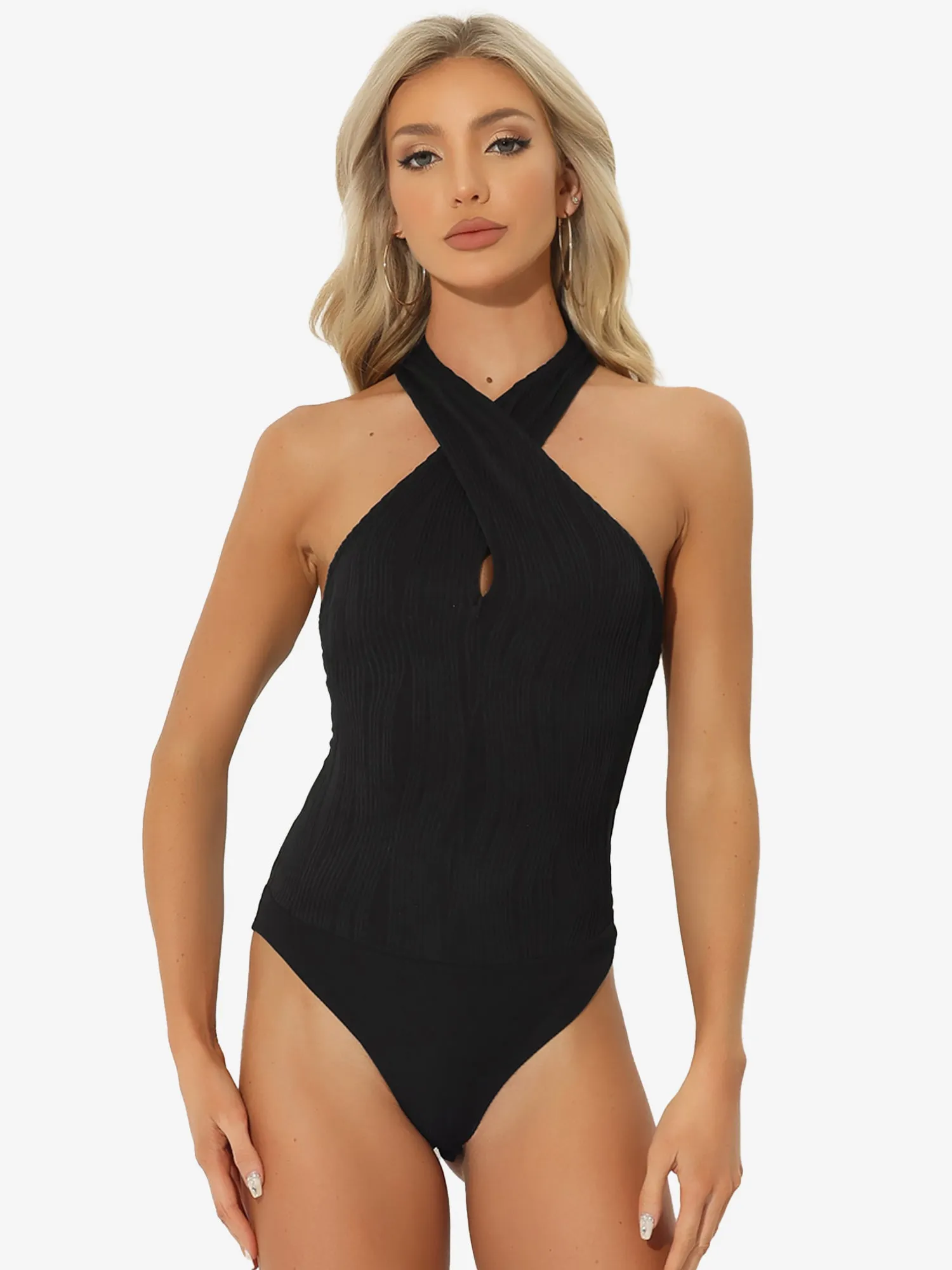 Textured Sexy Halter V Neck Sleeveless Top Bodysuit sold by Allegra K