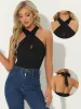 Textured Sexy Halter V Neck Sleeveless Top Bodysuit sold by Allegra K