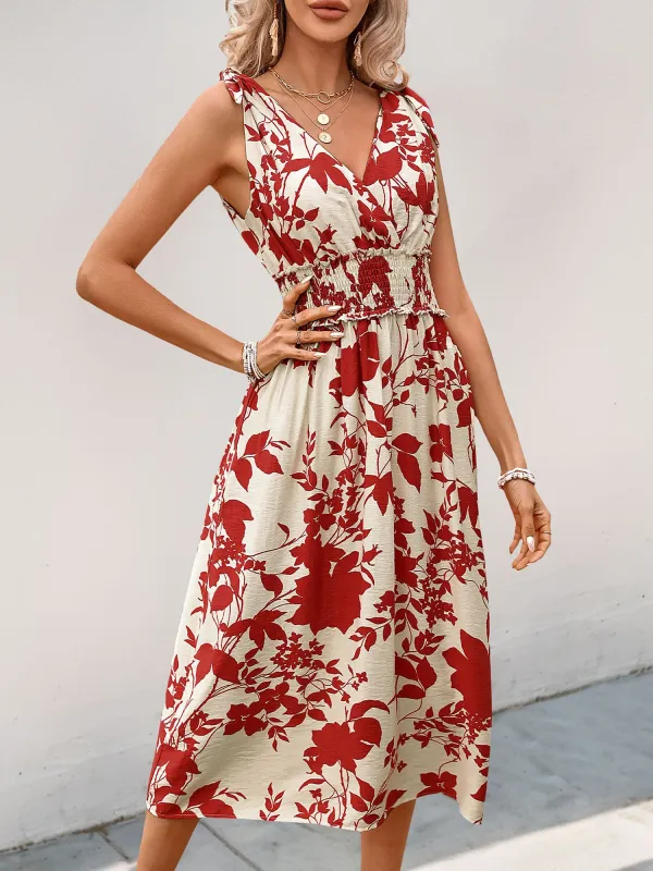 Floral V Neck Sleeveless Smocked Midi Dress sold by Allegra K