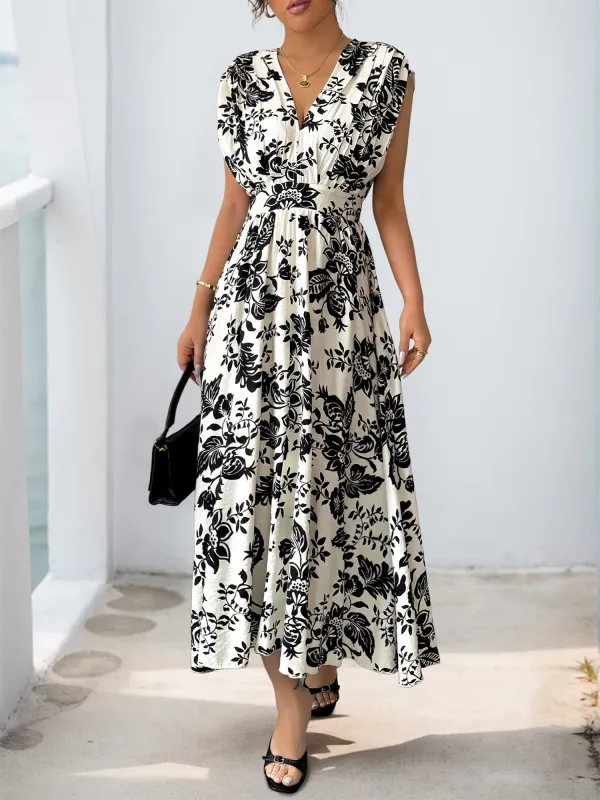 Floral Pleated V Neck Cap Sleeves Midi Dress sold by Allegra K