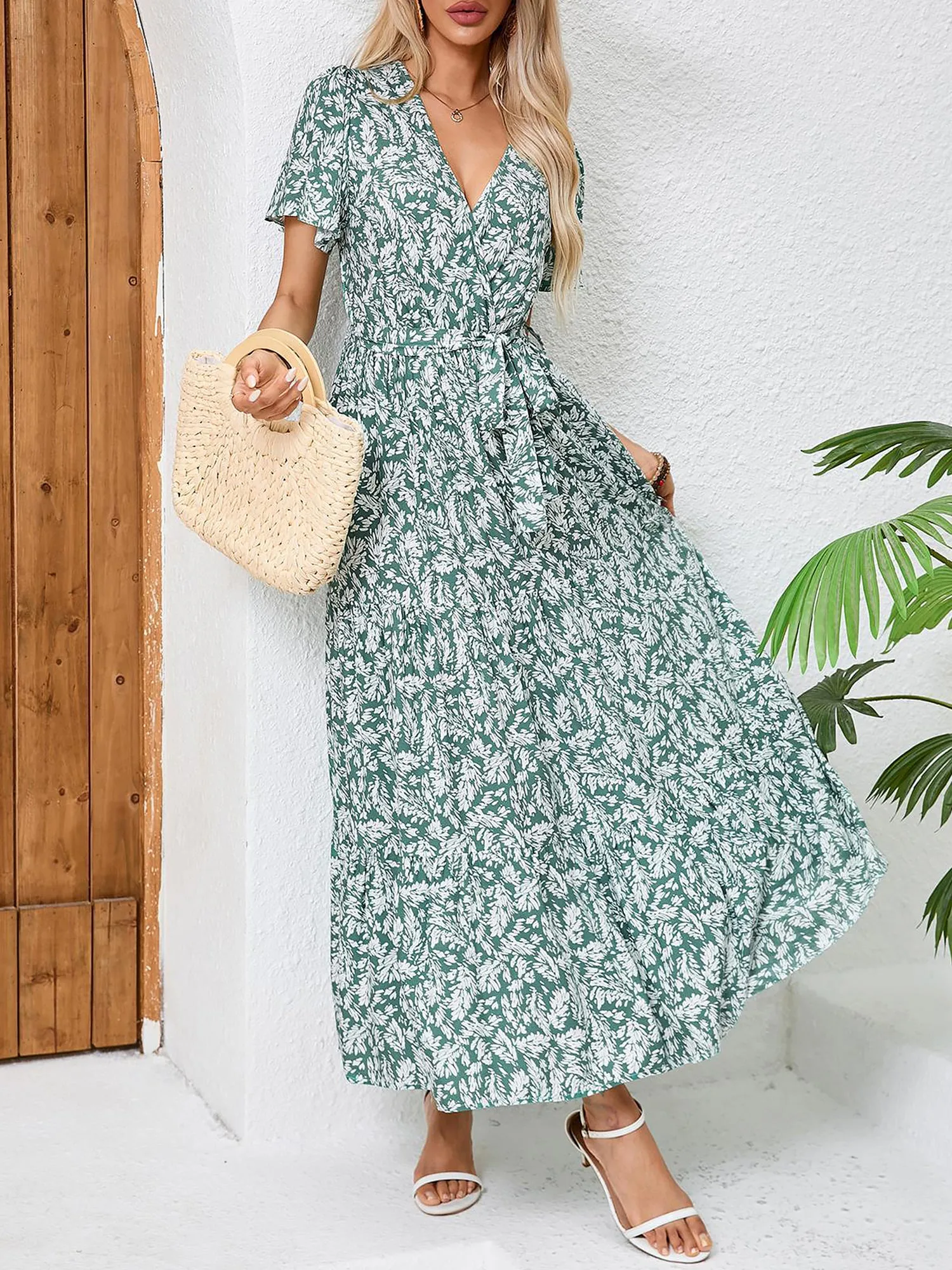 V Neck Short Sleeves Bow Tie Waist Maxi Dress sold by Allegra K product image thumbnail 2