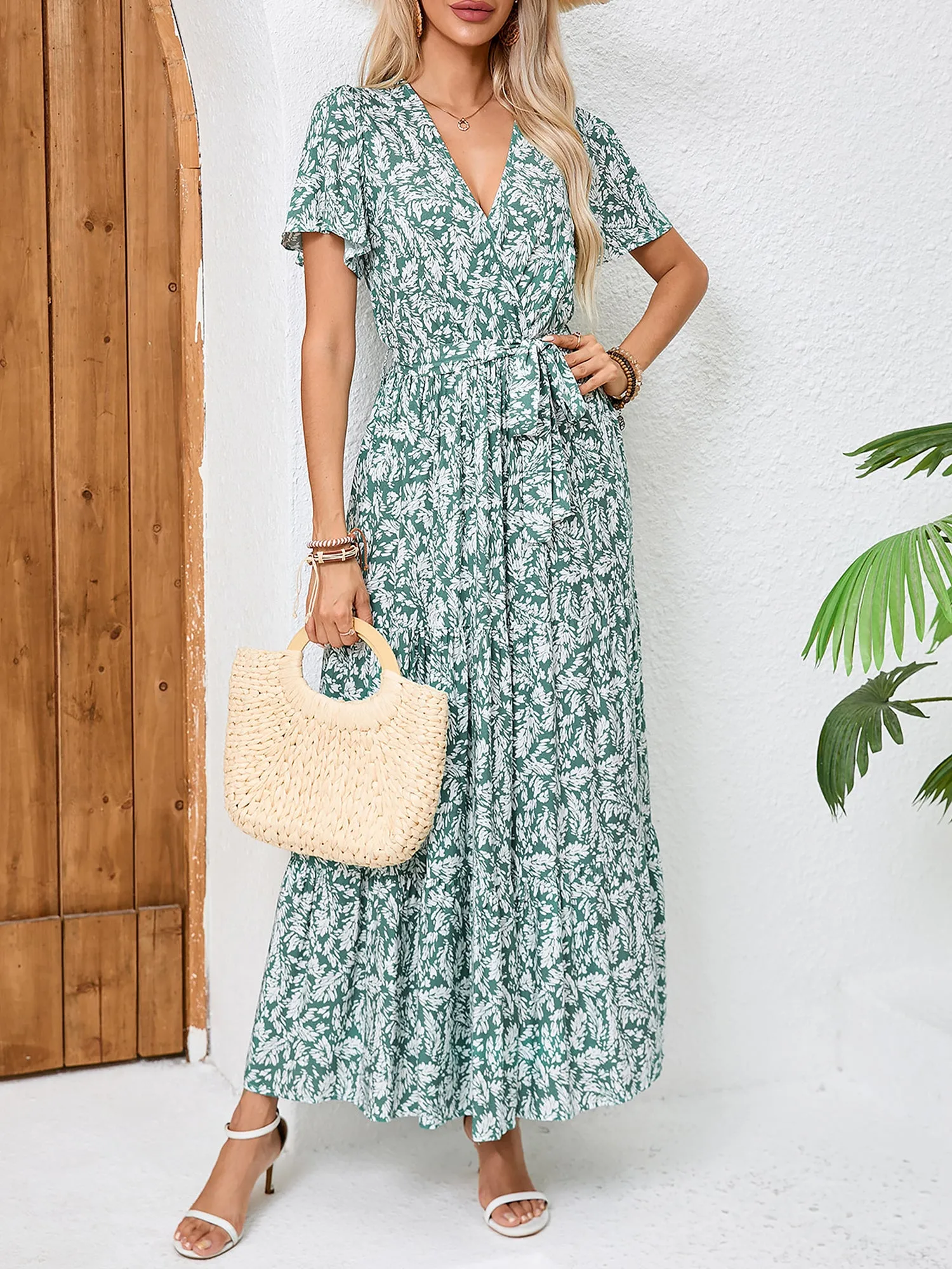 V Neck Short Sleeves Bow Tie Waist Maxi Dress sold by Allegra K product image thumbnail 3