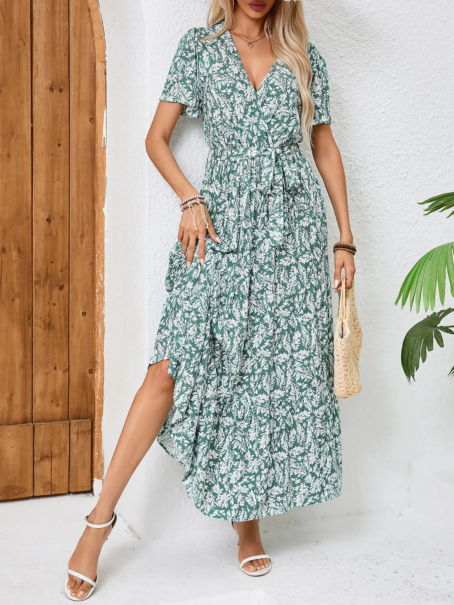 V Neck Short Sleeves Bow Tie Waist Maxi Dress sold by Allegra K