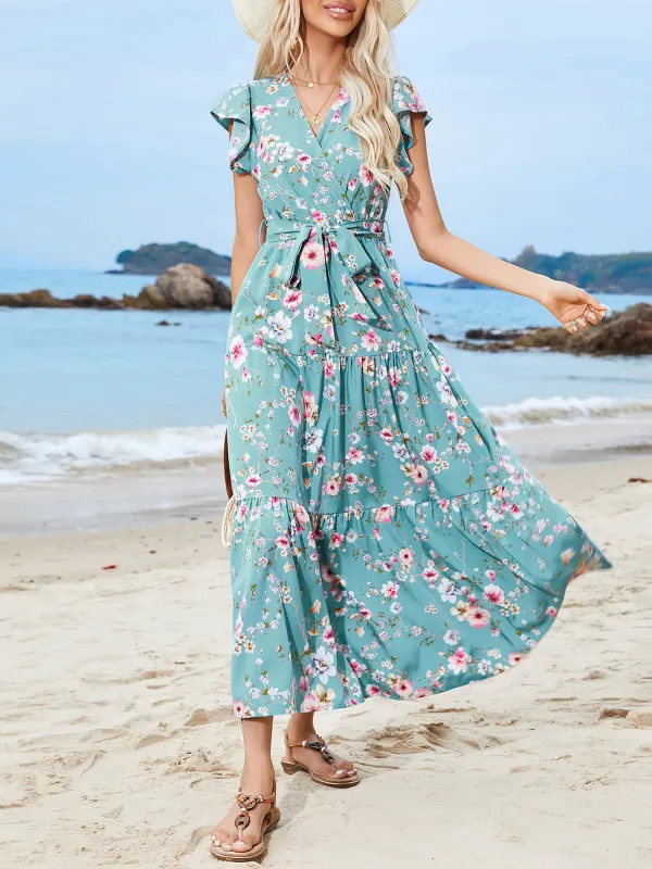 Floral Ruffled Sleeves Lace-Up Tiered Maxi Dress sold by Allegra K