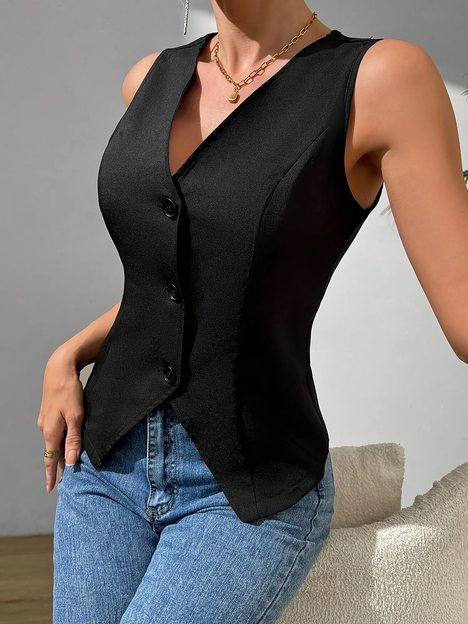 Solid Color Button Down Sleeveless Vest sold by Allegra K product image thumbnail 5