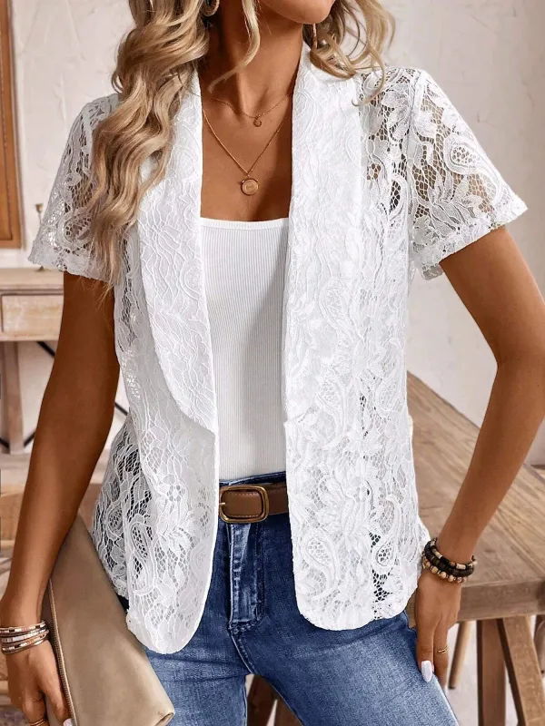 Breathable Summer Lace Shawl Collar Short Sleeves Sheer Blazer sold by Allegra K