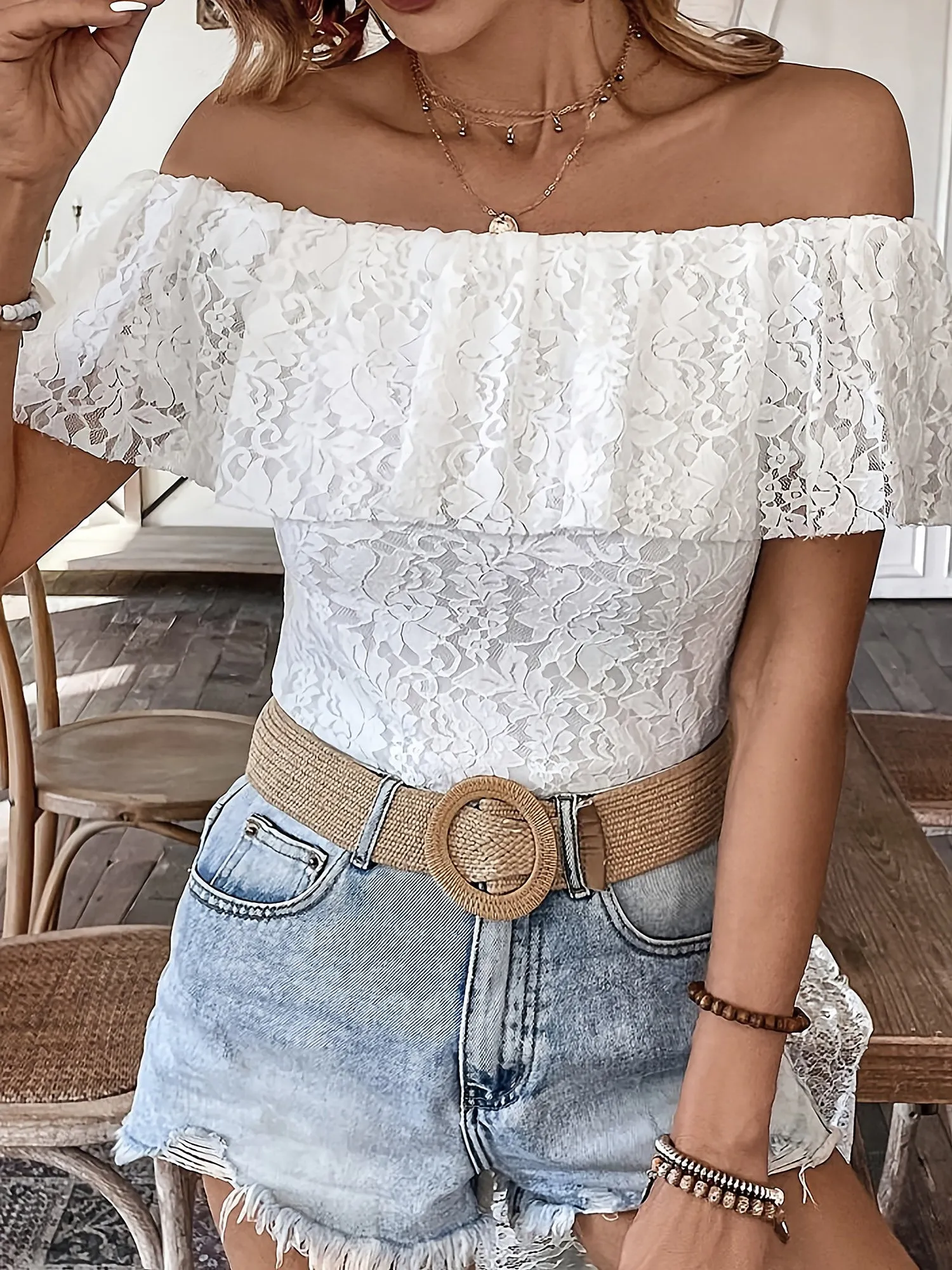 Solid Color Off Shoulder Ruffled Lace Blouse sold by Allegra K product image thumbnail 4