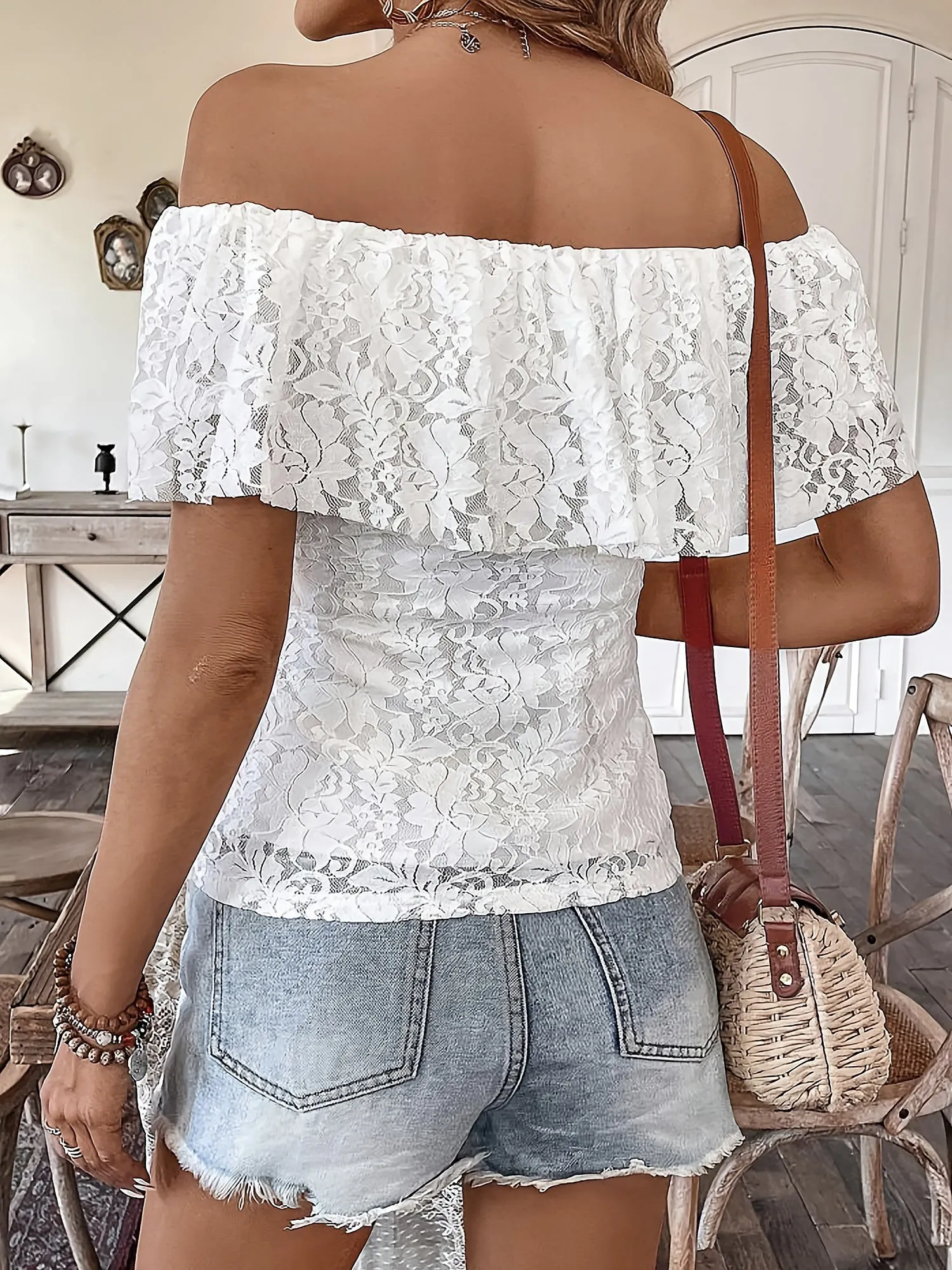 Solid Color Off Shoulder Ruffled Lace Blouse sold by Allegra K product image thumbnail 3