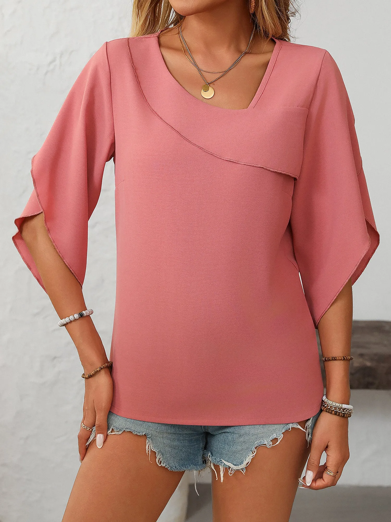 Trendy Irregular Neck Chiffon 3/4 Sleeve Casual Office Blouse sold by Allegra K