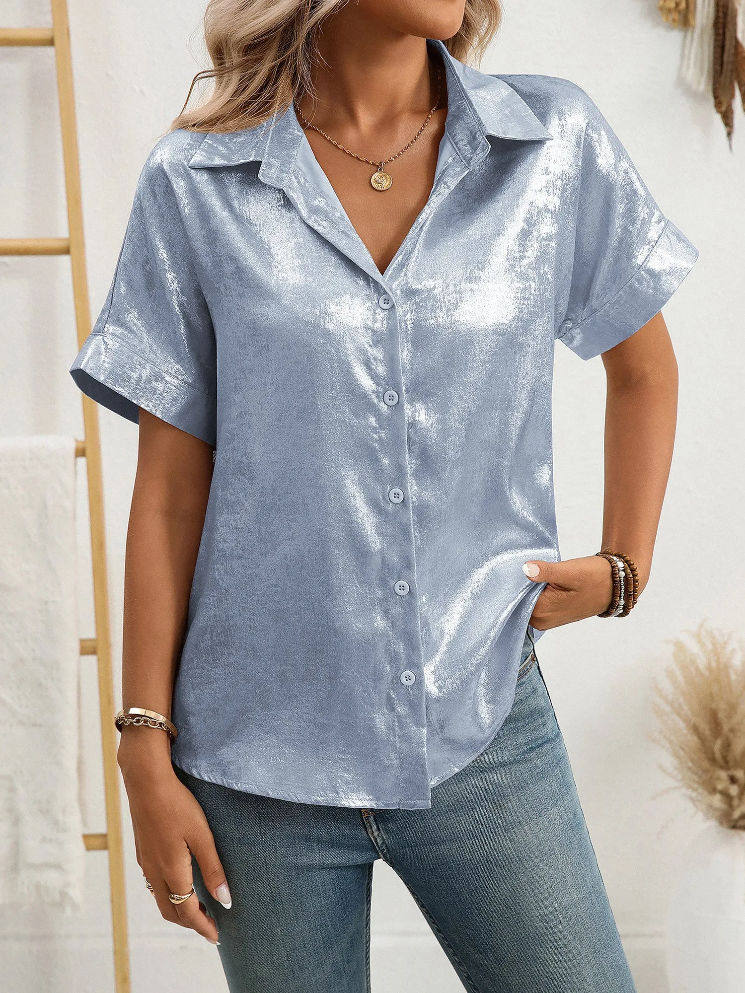 Notched Lapel Metallic Button Down Shirt sold by Allegra K