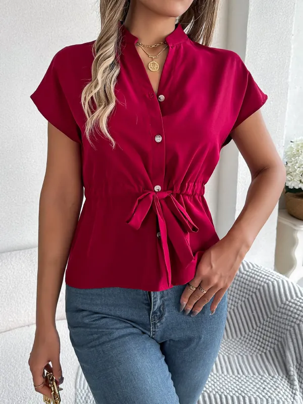 Button Down Drawstring Short Sleeve Blouse sold by Allegra K