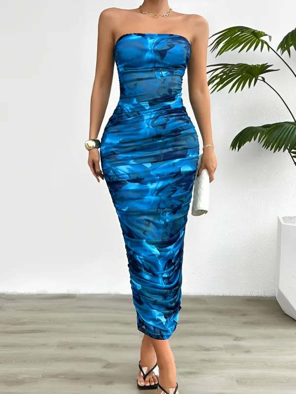 Strapless Ruched Mesh Bodycon Maxi Evening Dress sold by Allegra K
