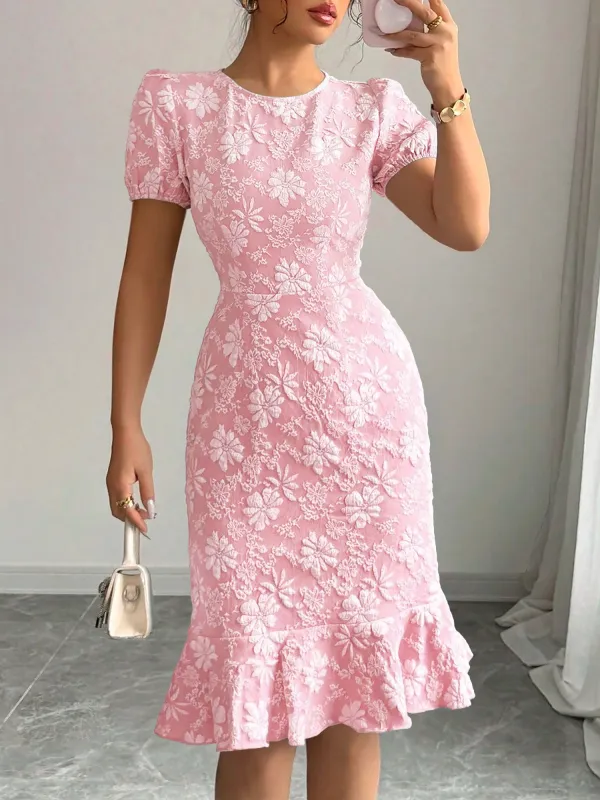 Flattering Slim Fit Flower Textured Puff Sleeves Bodycon Midi Dress sold by Allegra K