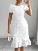 Flattering Slim Fit Flower Textured Puff Sleeves Bodycon Midi Dress sold by Allegra K