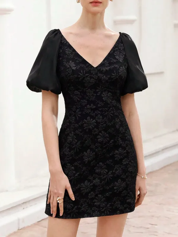 Black Jacquard Texture V Neck Puff Sleeve Sheath Dress sold by Allegra K