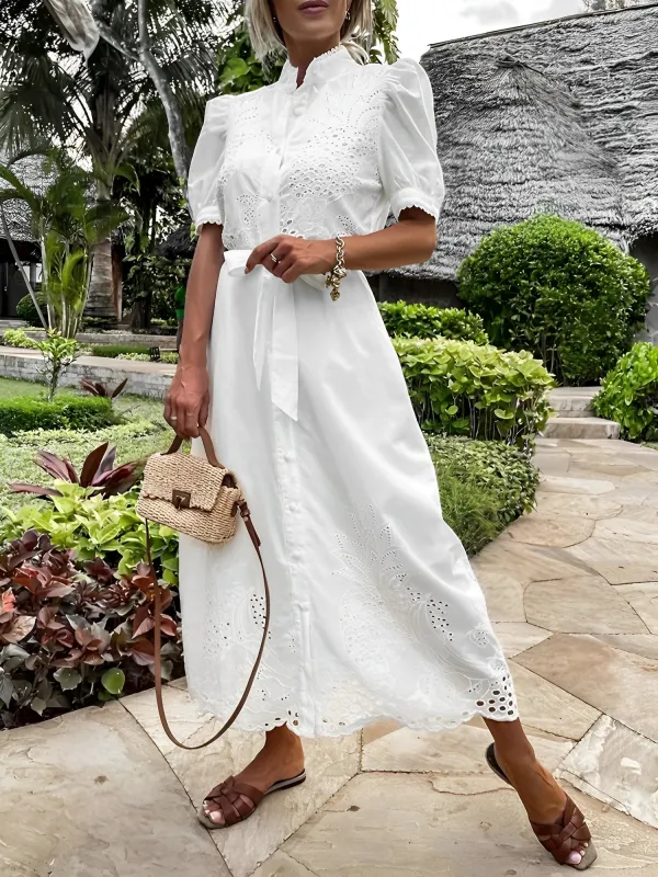 Eyelet Short Sleeve Button Down Resort Dress sold by Allegra K