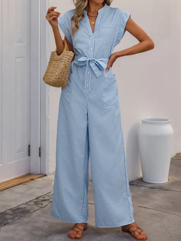 Sleeveless Notch Neck Striped Pocketed Wide Legs Jumpsuits sold by Allegra K