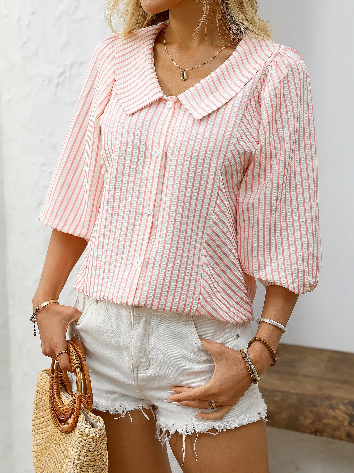 Lapel Puff 3/4 Sleeve Striped Button Down Blouse sold by Allegra K product image thumbnail 3