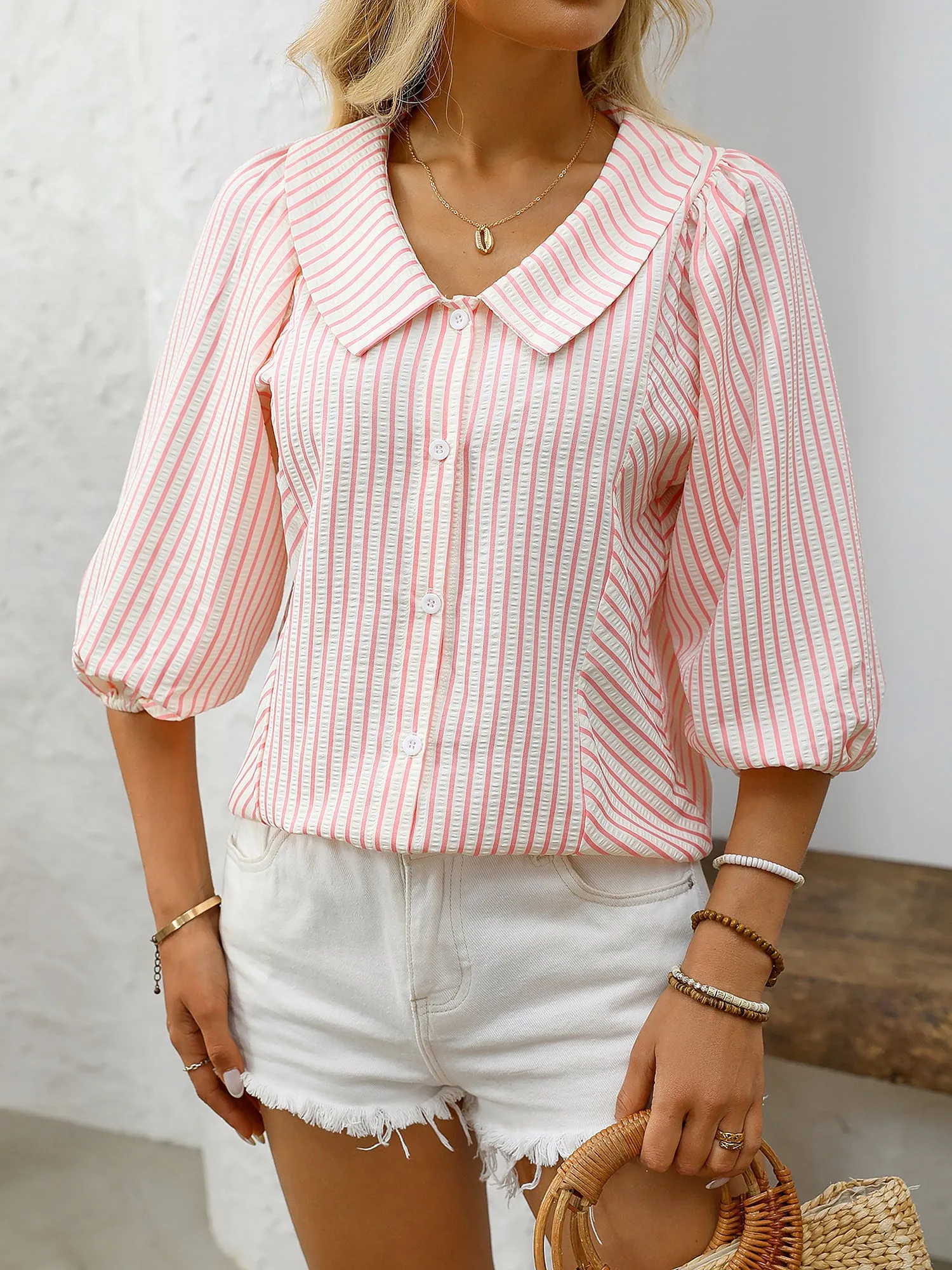Lapel Puff 3/4 Sleeve Striped Button Down Blouse sold by Allegra K product image thumbnail 5