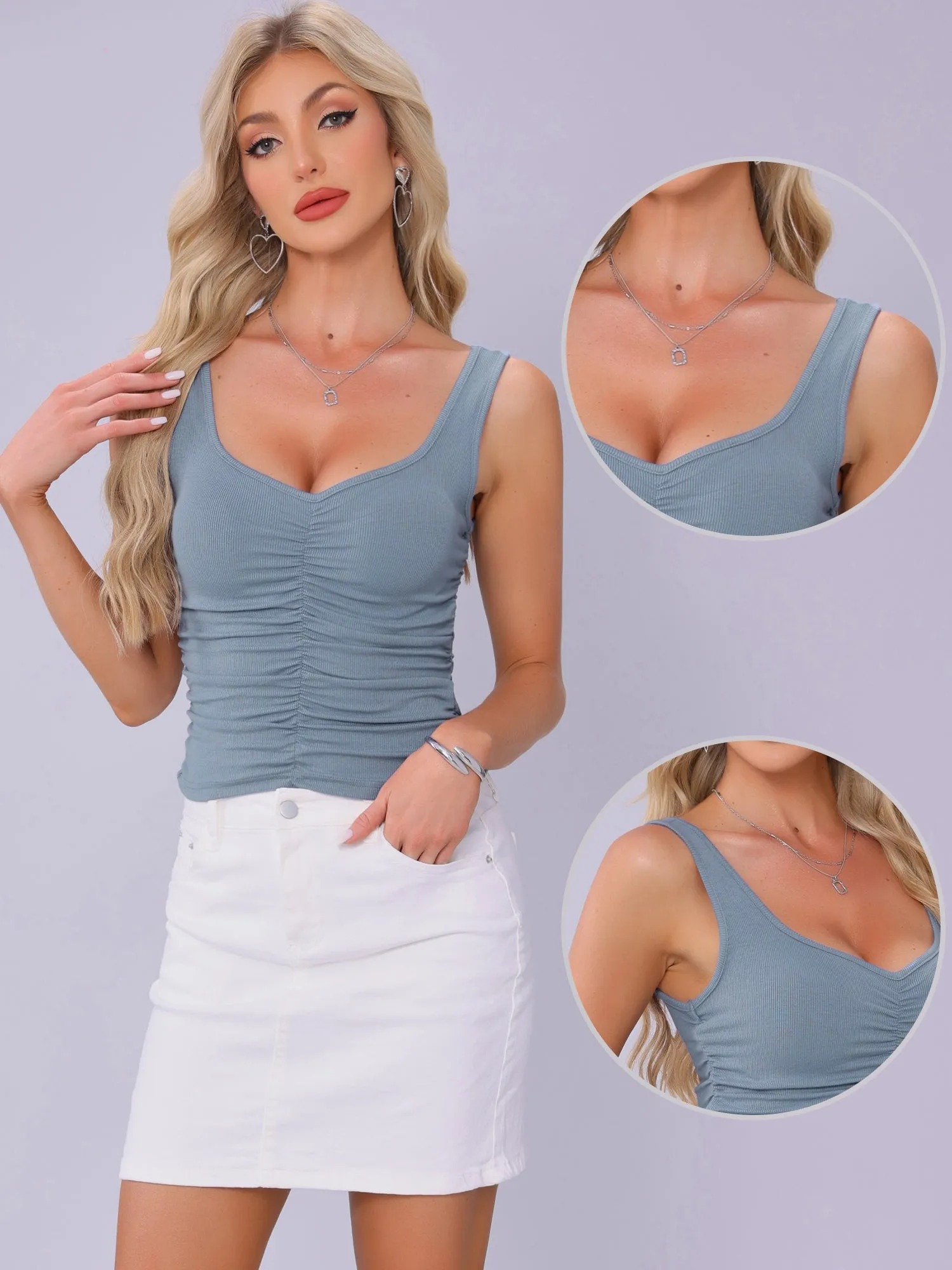 V Neck Sleeveless Ribbed Knit Ruched Cropped Tank Top sold by Allegra K product image thumbnail 3