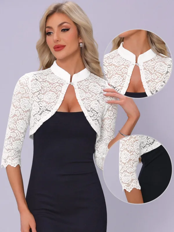 Mandarin Neck 3/4 Sleeve Sheer Lace Bolero Shrugs sold by Allegra K