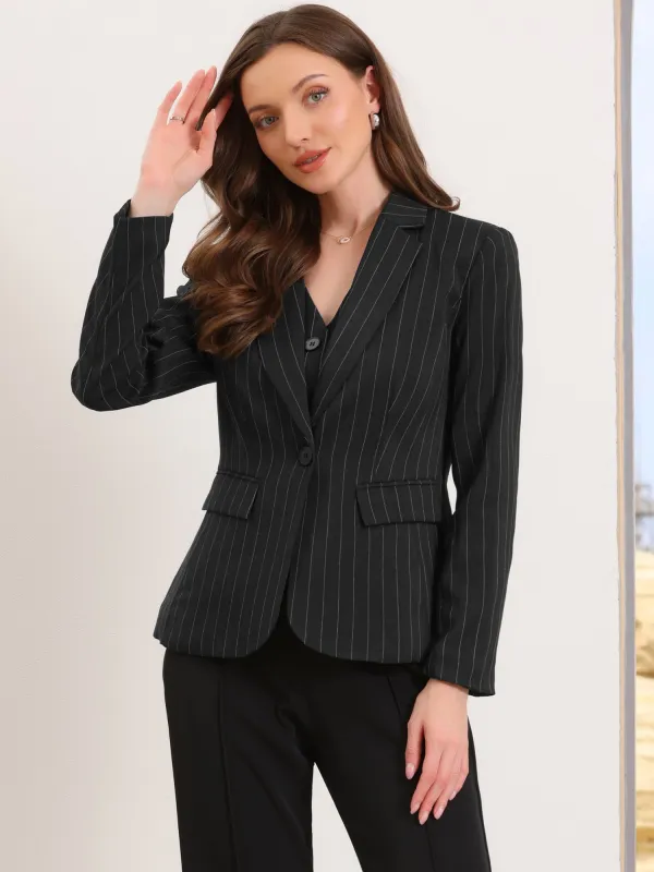 Notched Lapel One Button Long Sleeve Work Office Striped Blazer sold by Allegra K