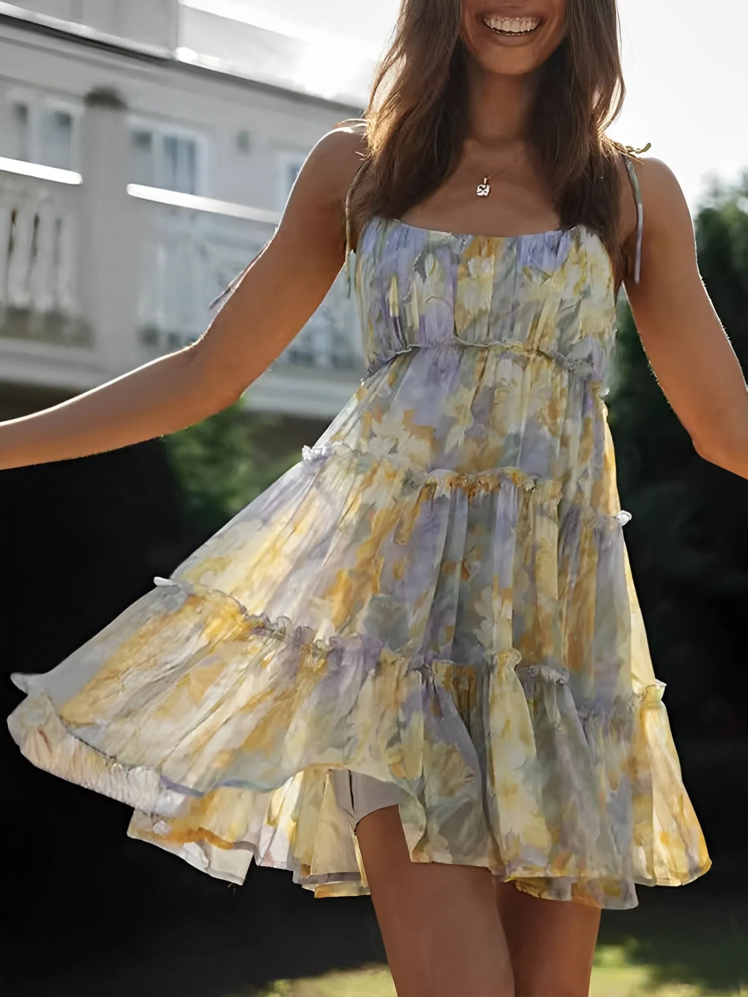 Lace-Up Spaghetti Straps Smocked Tiered Mini Dress sold by Allegra K product image thumbnail 2