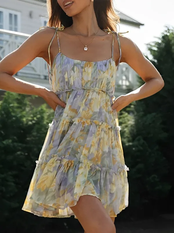 Lace-Up Spaghetti Straps Smocked Tiered Mini Dress sold by Allegra K