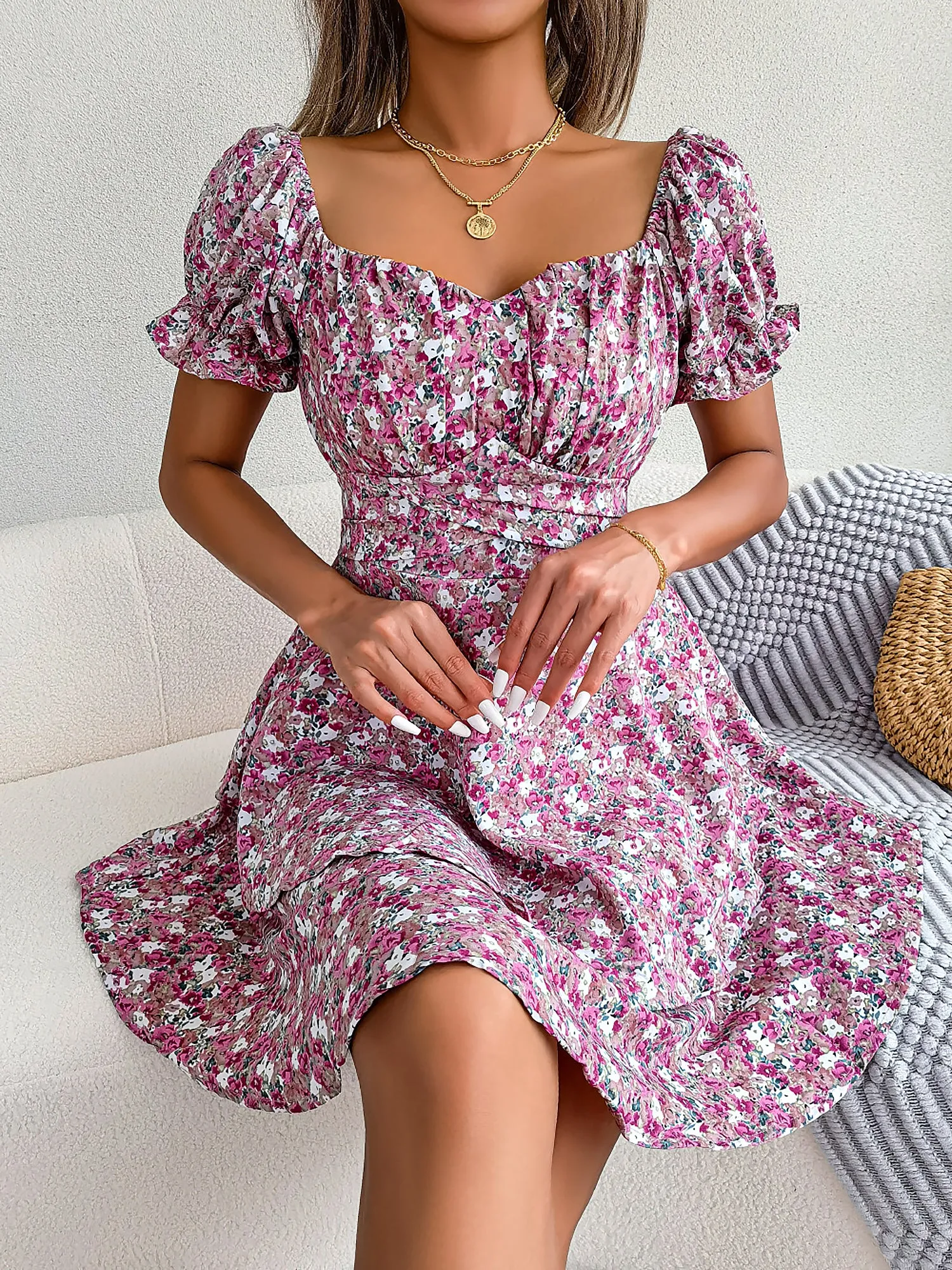 Romantic Garden Floral Puff Sleeves Lace-Up Ruffled Mini Party Dress sold by Allegra K product image thumbnail 4