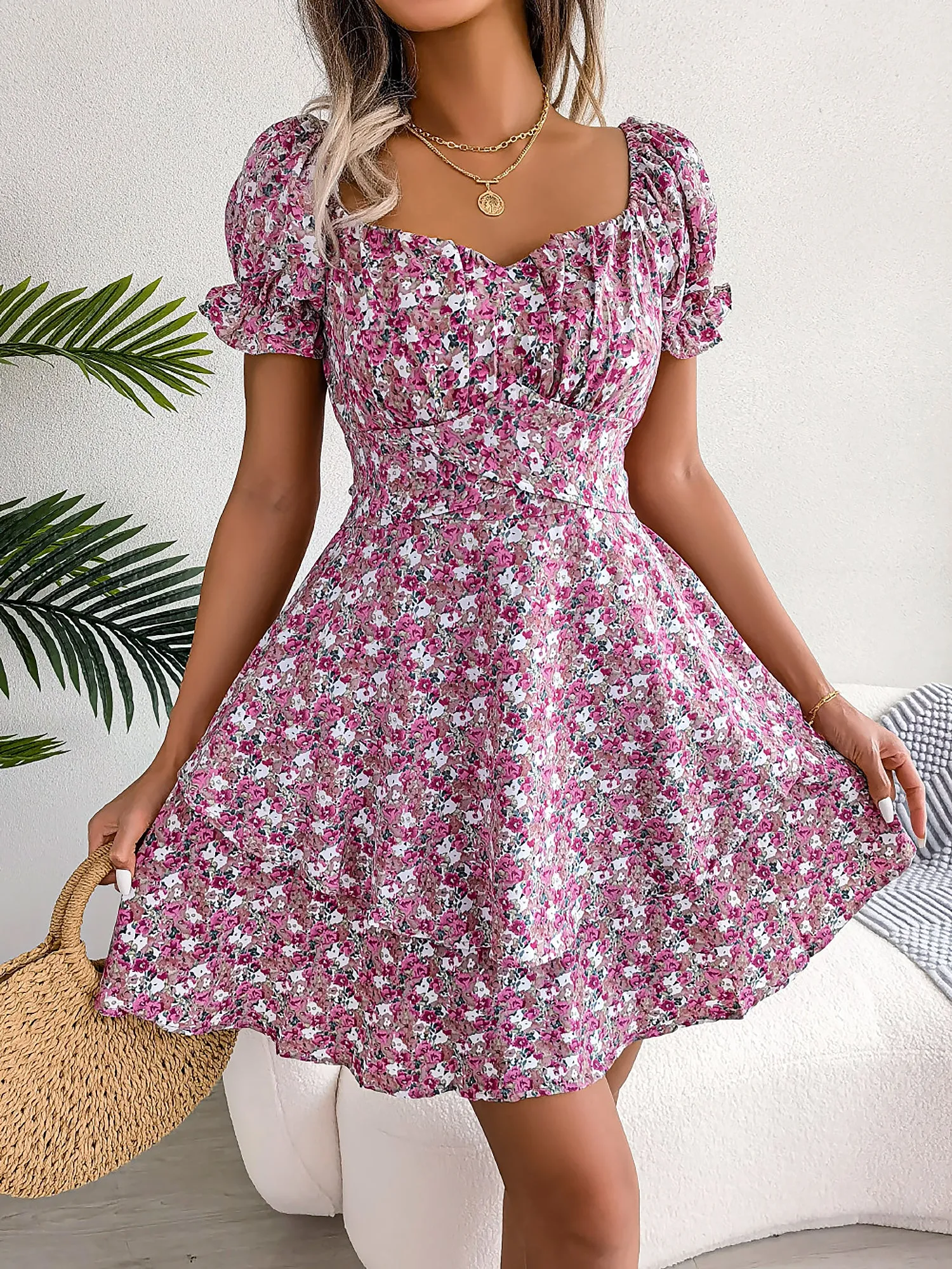 Romantic Garden Floral Puff Sleeves Lace-Up Ruffled Mini Party Dress sold by Allegra K