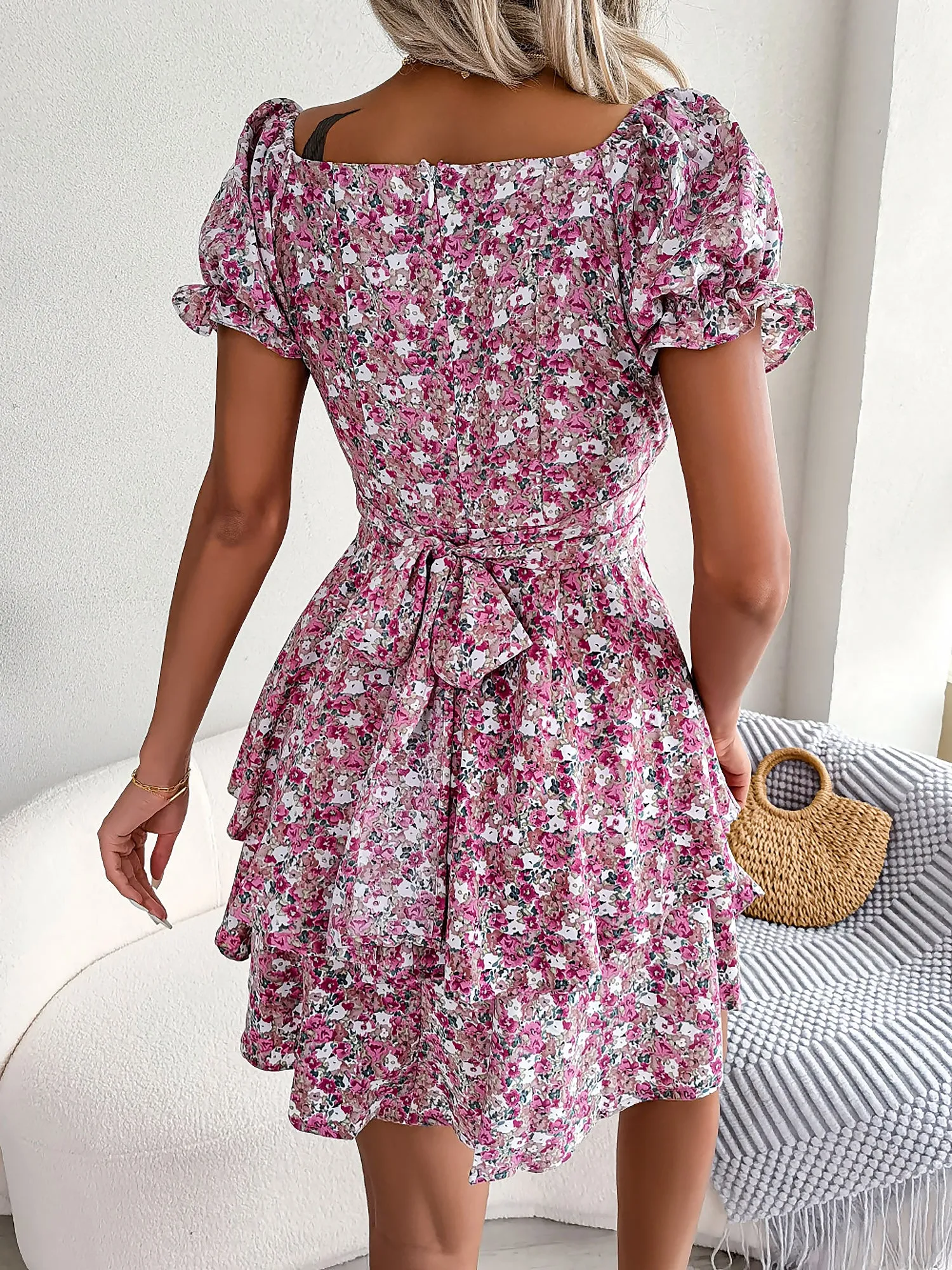 Romantic Garden Floral Puff Sleeves Lace-Up Ruffled Mini Party Dress sold by Allegra K product image thumbnail 3