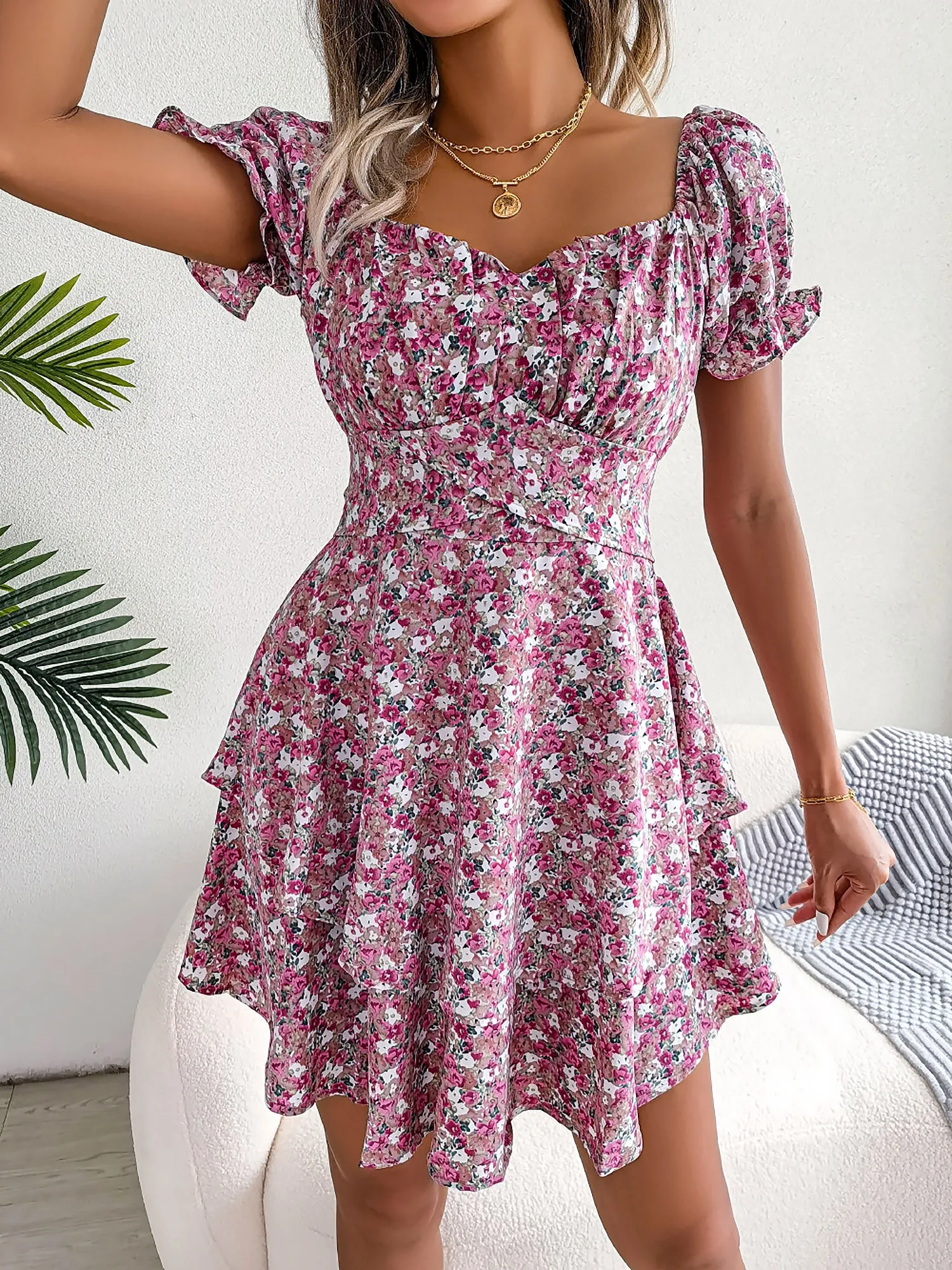 Romantic Garden Floral Puff Sleeves Lace-Up Ruffled Mini Party Dress sold by Allegra K product image thumbnail 2