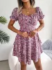 Romantic Garden Floral Puff Sleeves Lace-Up Ruffled Mini Party Dress sold by Allegra K