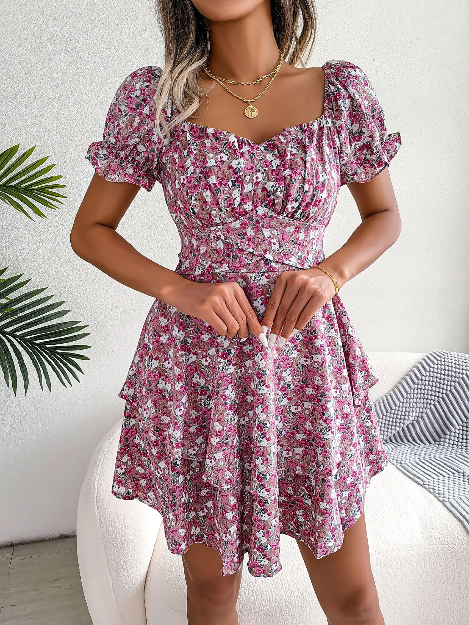 Romantic Garden Floral Puff Sleeves Lace-Up Ruffled Mini Party Dress sold by Allegra K product image thumbnail 5