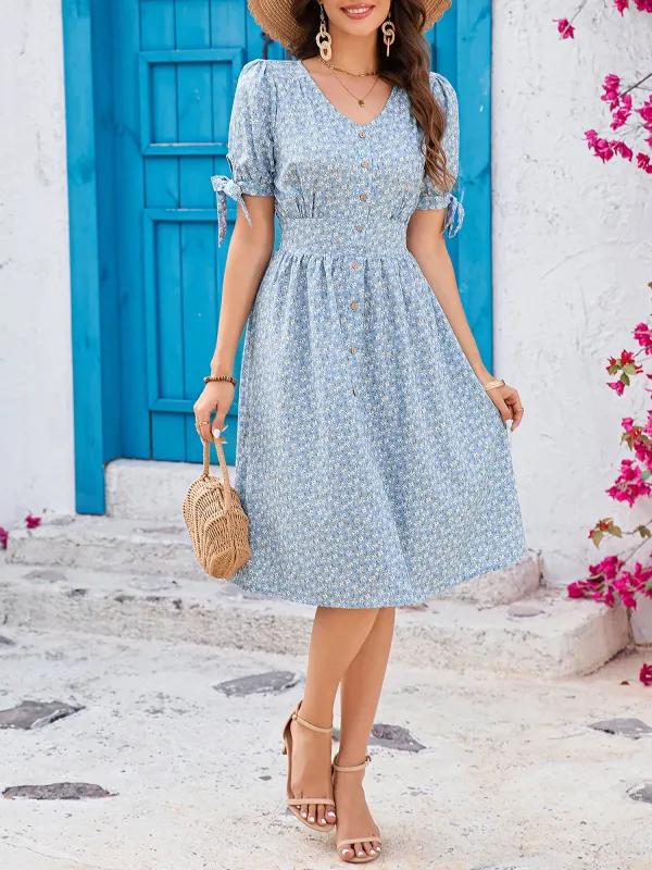 Vintage Floral & Tropical Prints Floral Puff Sleeves Button Down Smocked Midi Dress sold by Allegra K