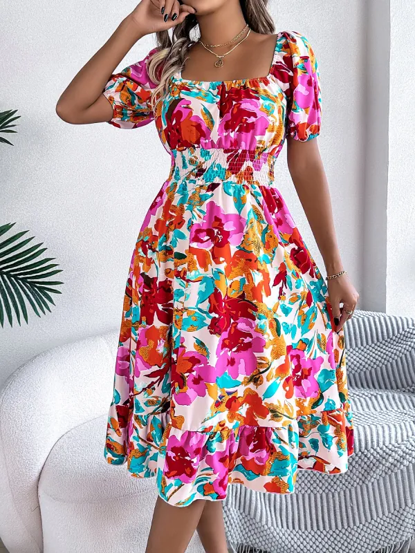 Floral Square Neck Short Sleeve Smocked A-Line Dress sold by Allegra K