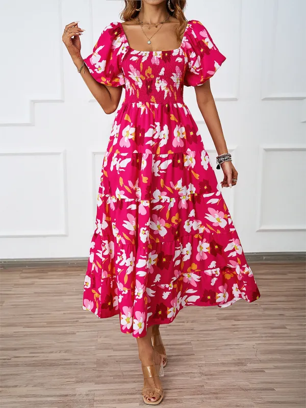 Off Shoulder Smocked Tiered Floral Midi Dress sold by Allegra K