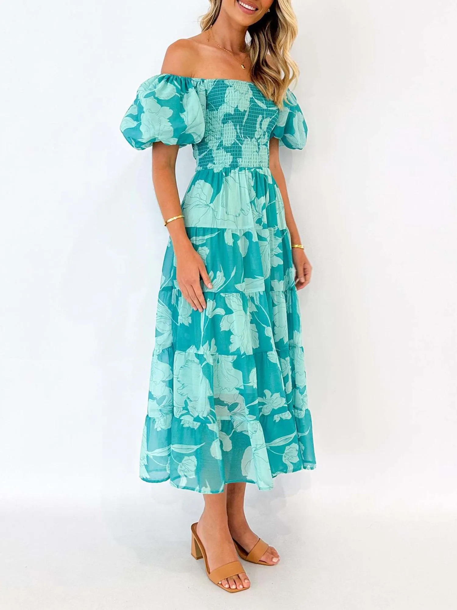Floral Off Shoulder Smocked Tiered Midi Dress sold by Allegra K product image thumbnail 2