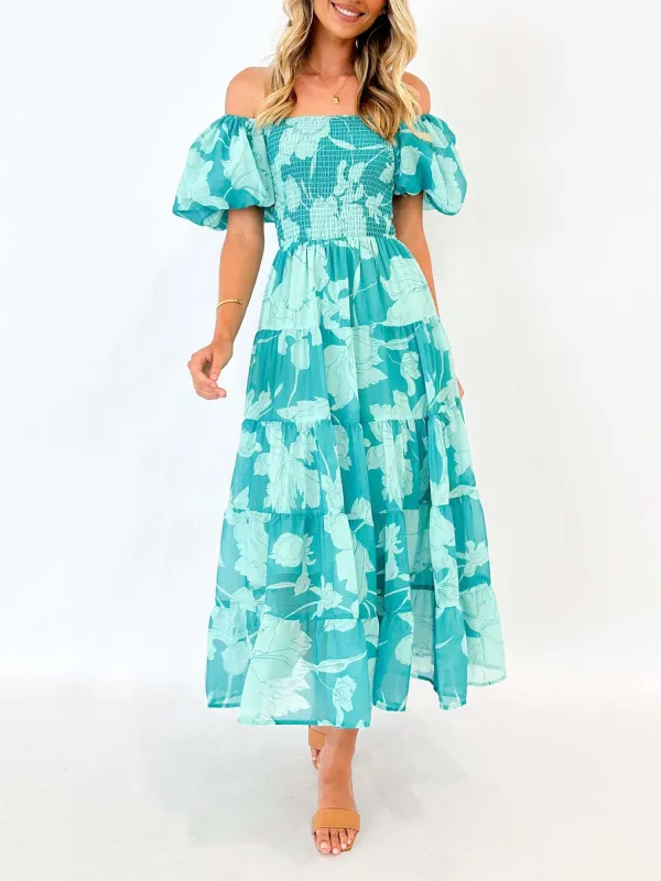 Floral Off Shoulder Smocked Tiered Midi Dress sold by Allegra K