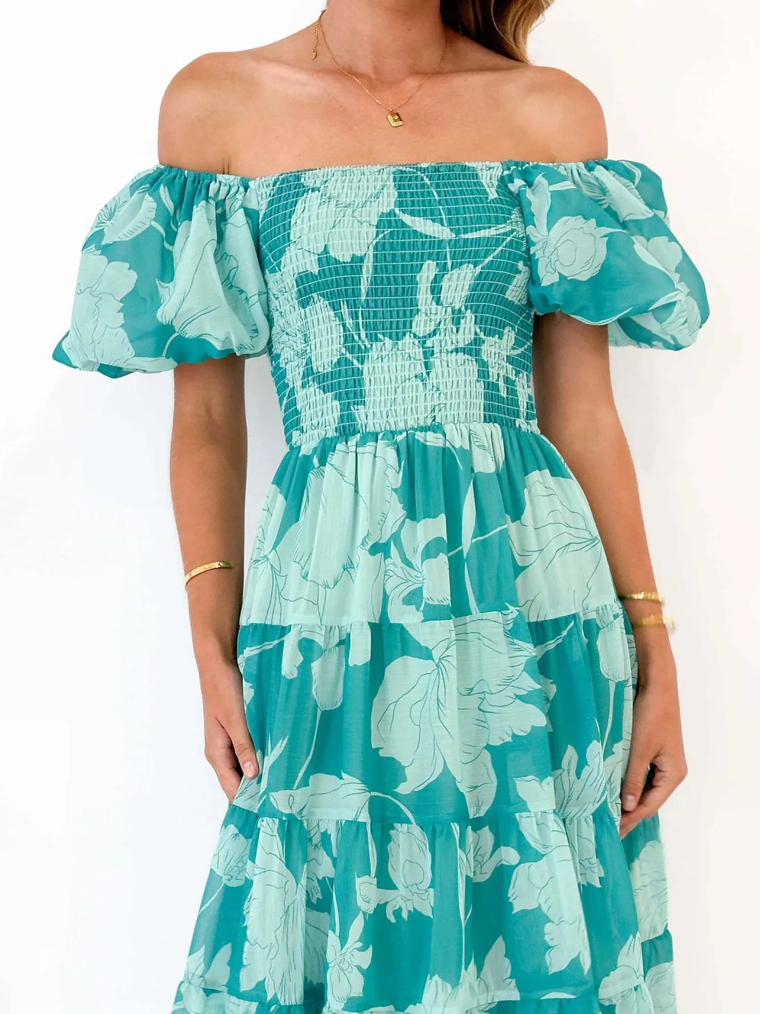 Floral Off Shoulder Smocked Tiered Midi Dress sold by Allegra K product image thumbnail 4