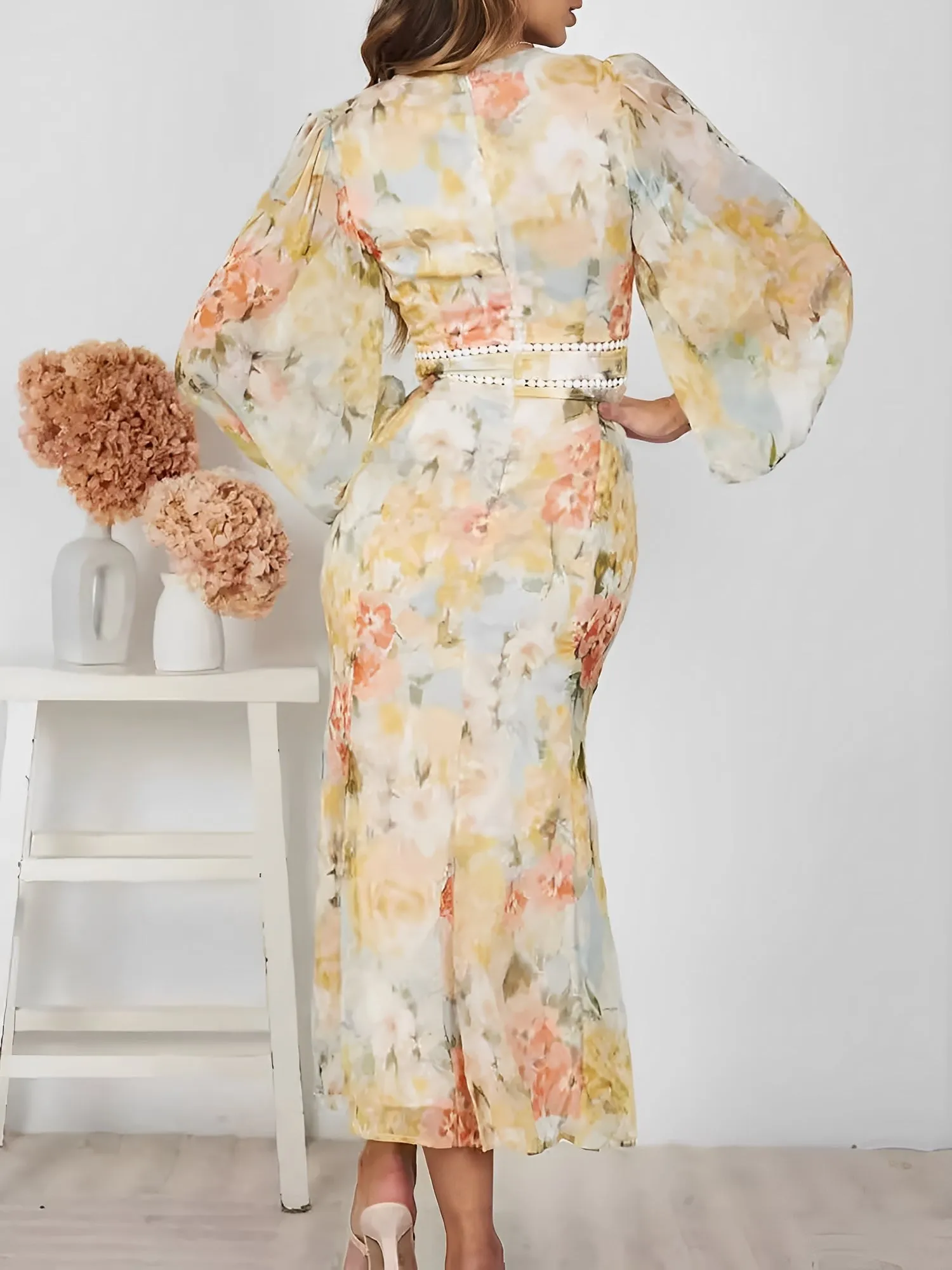 Deep V Neck Puff Long Sleeve Floral Midi Dress sold by Allegra K product image thumbnail 3
