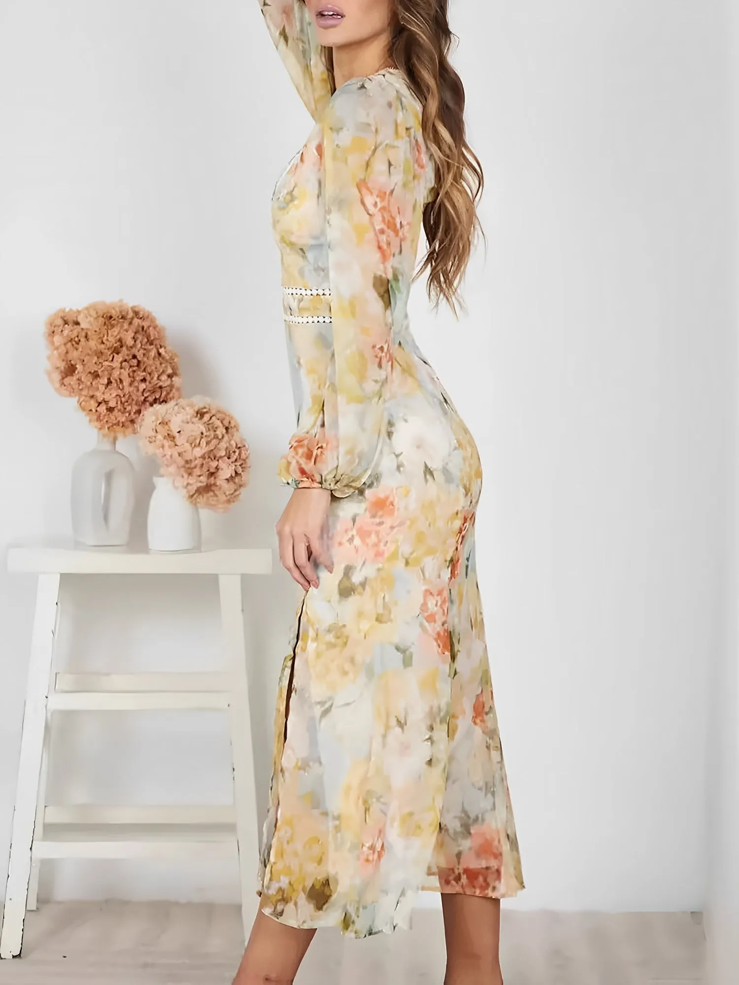 Deep V Neck Puff Long Sleeve Floral Midi Dress sold by Allegra K product image thumbnail 2