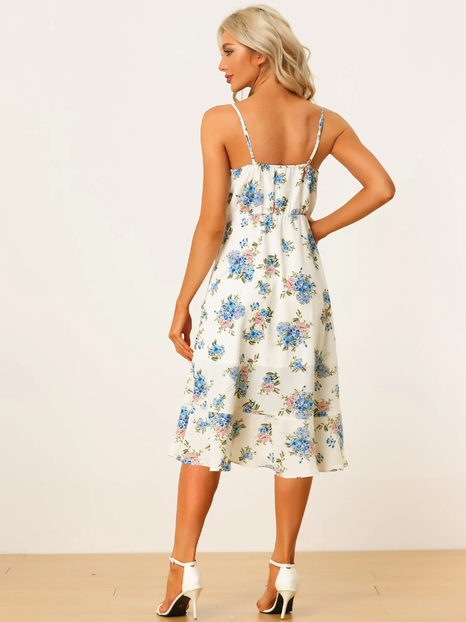Ruffled Floral Dress Sleeveless V Neck Faux Wrap Midi Sundress sold by Allegra K product image thumbnail 4