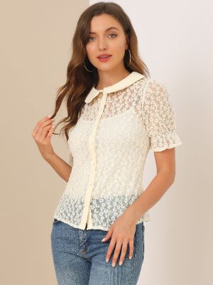 Doll Collar Vintage Shirt Short Sleeve Eyelet Crochet Floral Blouse sold by Allegra K