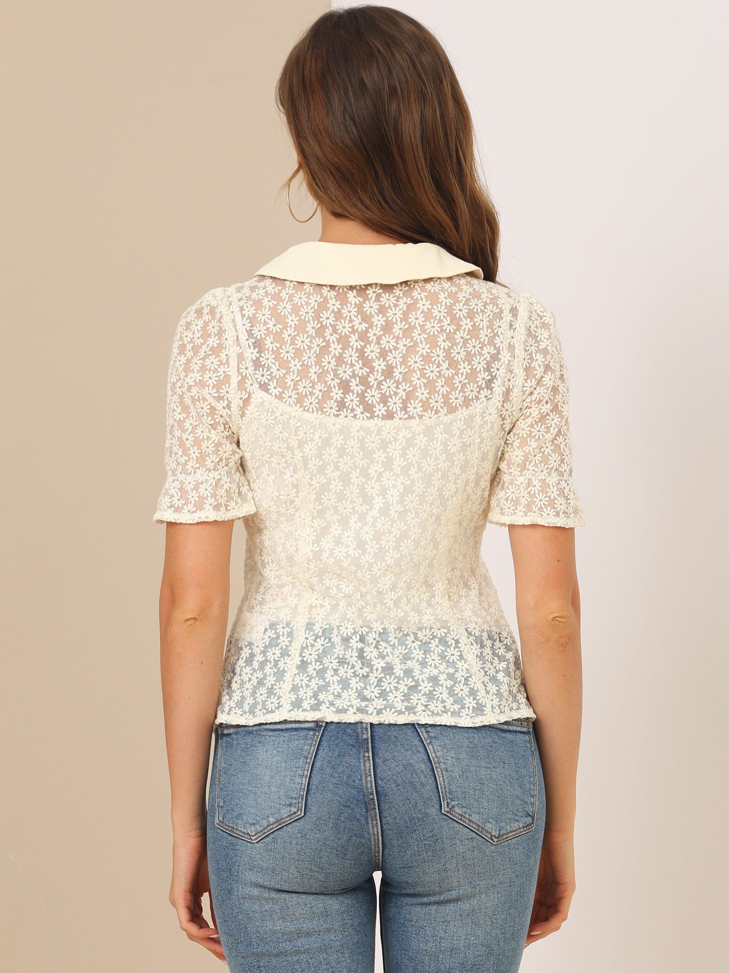 Doll Collar Vintage Shirt Short Sleeve Eyelet Crochet Floral Blouse sold by Allegra K product image thumbnail 4