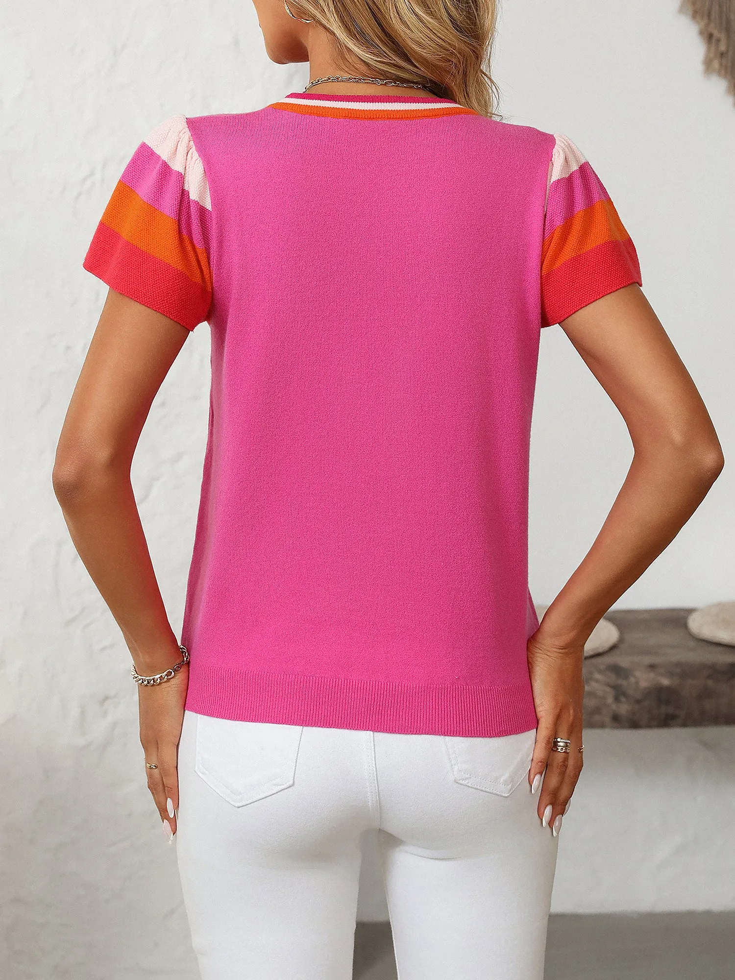Round Neck Contrast Color Short Sleeve Knit Top sold by Allegra K product image thumbnail 5