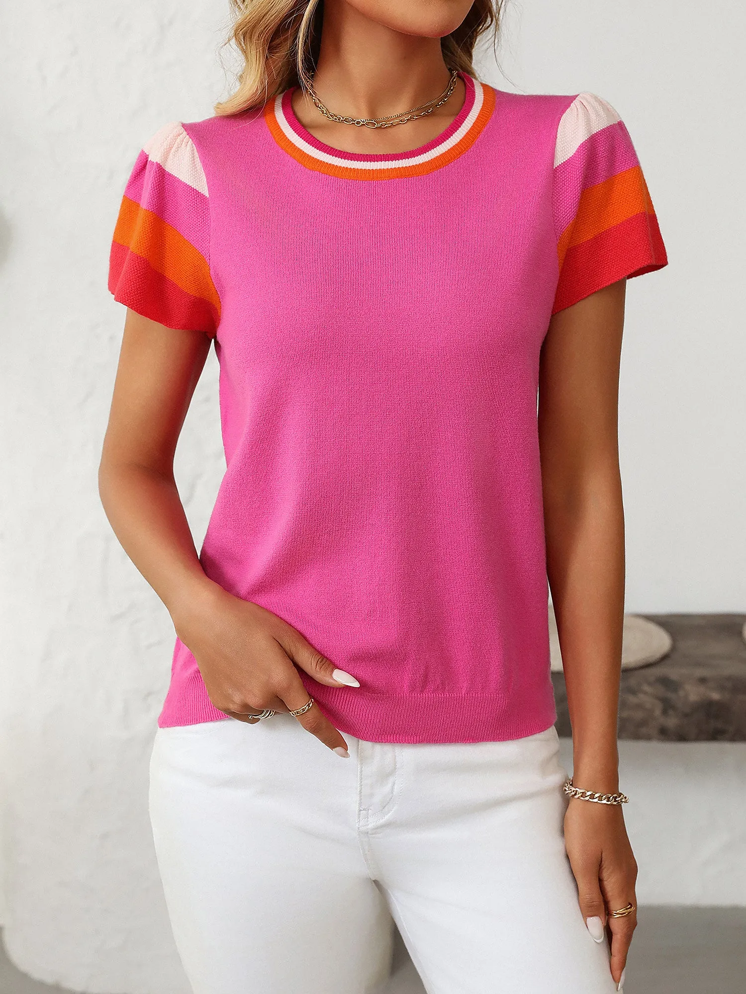 Round Neck Contrast Color Short Sleeve Knit Top sold by Allegra K